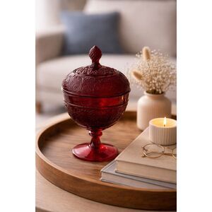 Ruby Red Pressed Glass Pedestal Candy Dish with Lid 8.75” tall Vintage MCM